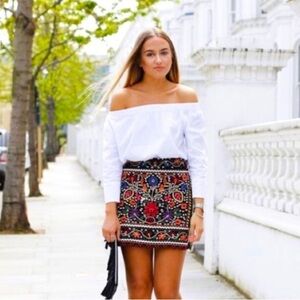 Zara Trafaluc Brand Navy/Multicolored Aztec Diamond Embroidered Mini Skirt Sz S